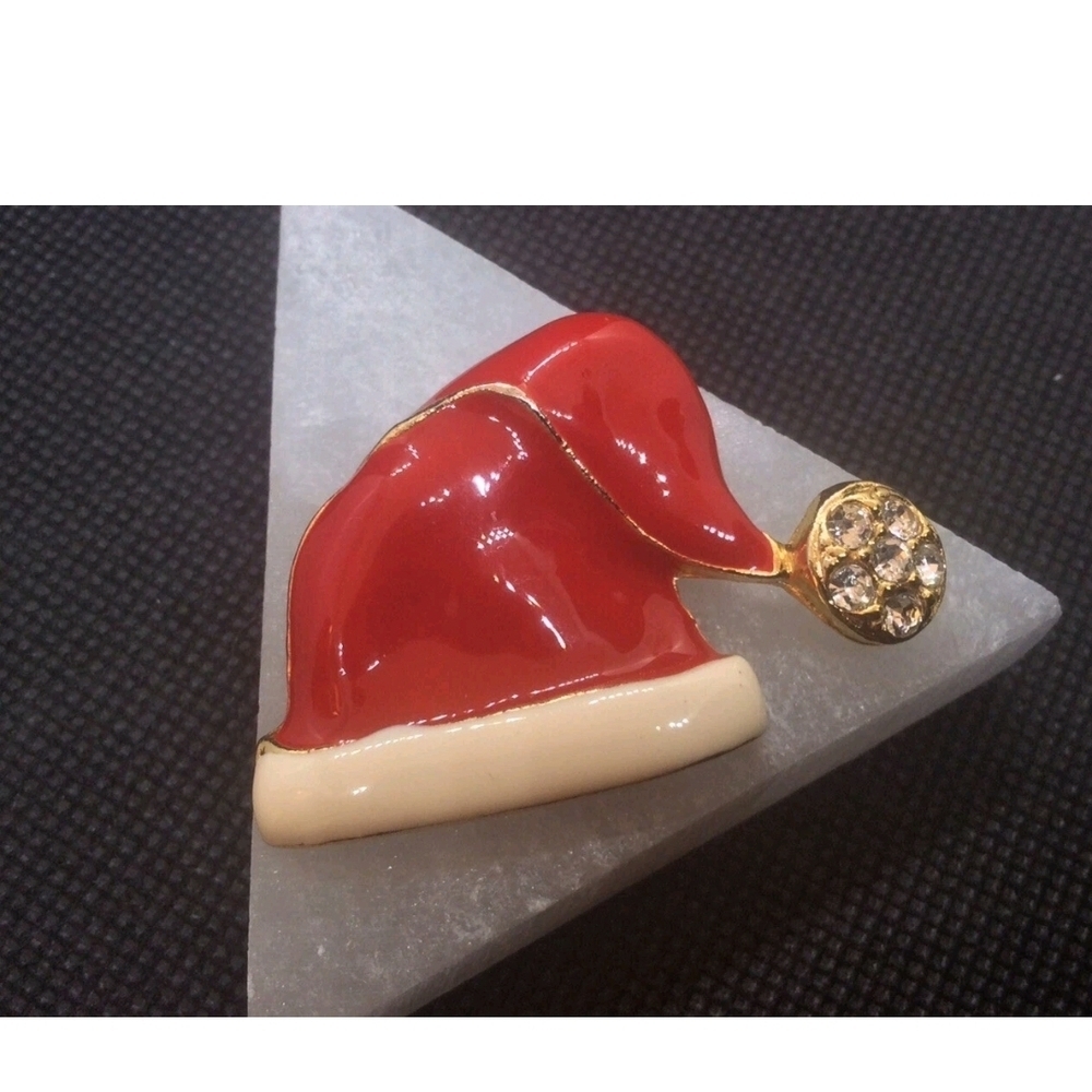Vintage Christmas Santa's Hat Red Enamel with Rhinestones Pin Brooch
